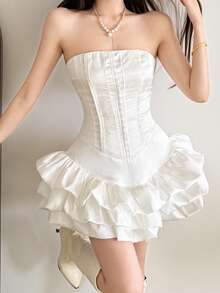 Vestido de falda con volantes de varias capas delgado a través de la nueva cintura - Blanco - Ver 1