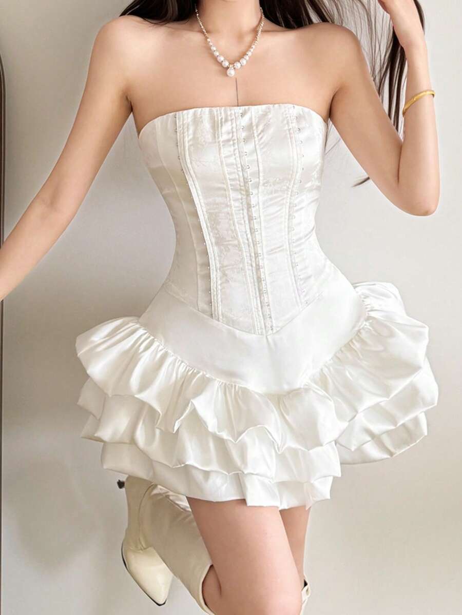 Vestido de falda con volantes de varias capas delgado a través de la nueva cintura - Blanco - Ver 1