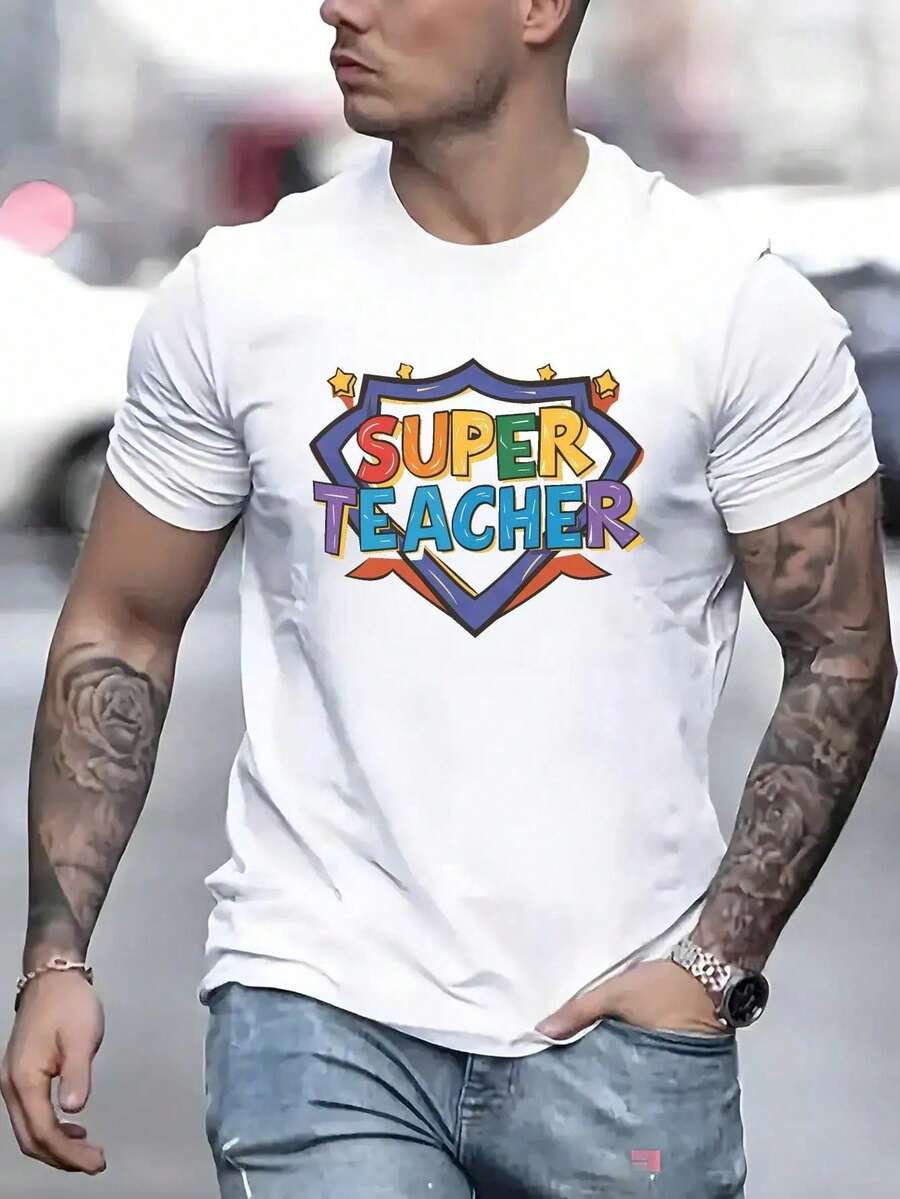 Unisex "Super Teacher" T-Shirt For Men - Short Sleeve, Crew Neck, Solid Color With Teacher Theme Print, Machine Washable For Educators, Events And Casual Wear - Putih - View 1
