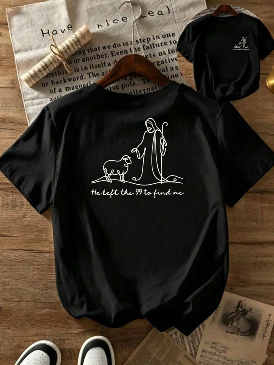 | 1 Women's T-Shirt 100% Breathable Cotton | Women's Short Sleeve T-Shirt With Religious Print - Jesus And The Shepherd's Lamb With The Phrase "He Left The 99 To Find Me" (Matthew - 黑色 - 查看 1