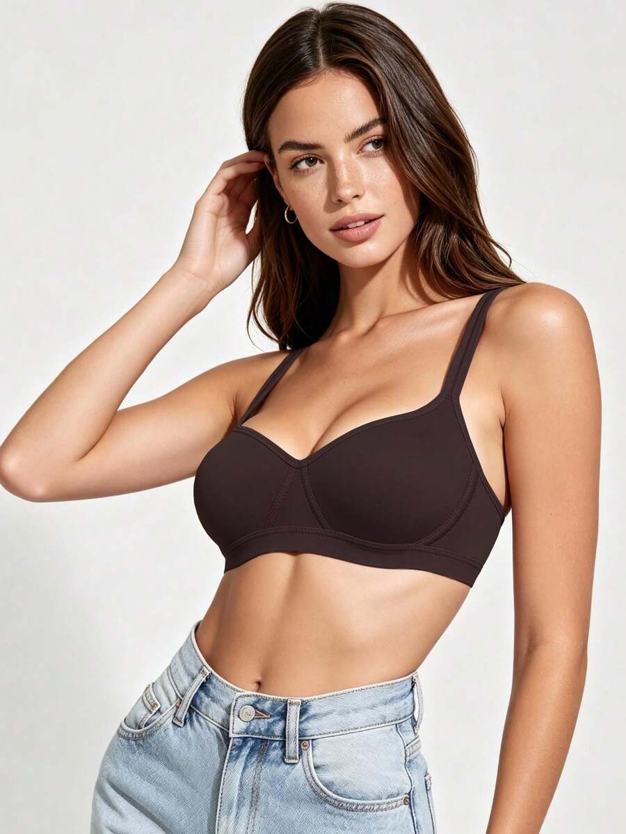 1pc Women's Comfortable Wireless Soft Cup Seamless Solid Color Bra - Coffee Brown - View 1