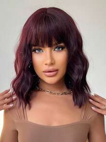 Burgundy Wavy Wig Shoulder Length Bob Wig With Neat Bangs Loose Wave Synthetic Wig For Women 12 Inch Music Festival - Multicolor - View 2