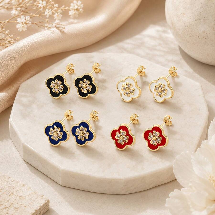 1Pair New Classic Colorful Leaf Golden Stud Earrings For Women - Yellow Gold - View 1