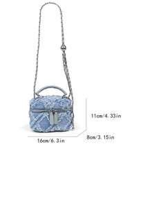 Fashionable Light Blue Diamond Hollow Handbag With Leather Top Handle And Adjustable Leather-Wrapped Metal Chain Shoulder Strap, Frayed Edge Details For Street Style, Compact Rectangular Body Fits Lipstick And Daily Essentials, Ideal For Street Looks And Casual Outings - Baby Blue - View 3