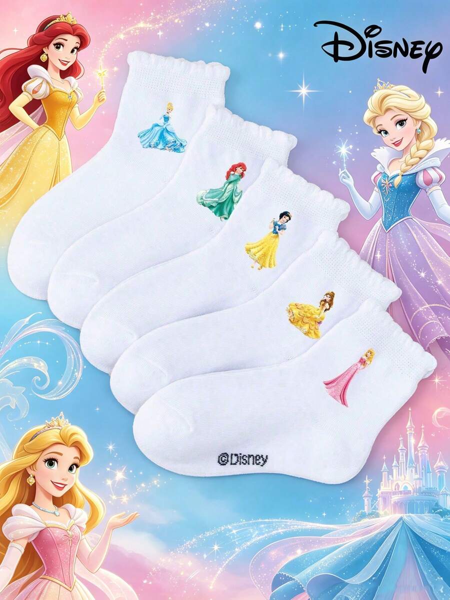 Disney 迪士尼 5雙/組 女孩迪士尼公主襪,白色荷葉邊襪,透氣舒適柔軟吸濕排汗襪,附可愛白雪公主/灰姑娘/奧羅拉/愛麗兒/貝兒卡通圖案,適合假期、旅行、學校活動、開學季 - 彩色 - 查看 1