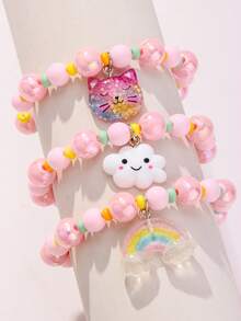 3pcs/Set Girls Cute Cloud Cat Rainbow Beaded Bracelet Set, Suitable For Holiday Party, School And Daily Activities - Multicolor - View 2