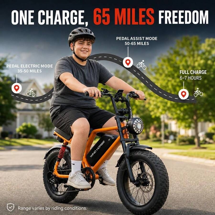 WIND HORSE 20MPH Electric Bike With BT Speaker & Engine Sound, 16" Fat Tire Ebike With 48V 15Ah Removable Battery, 35-65 Miles Range, 750W Motor, Full Suspension, Integrated Wheels, All-Terrain Electric Dirt Bike Perfect Gift For Teens, 330LBS Load Capacity - 查看 1
