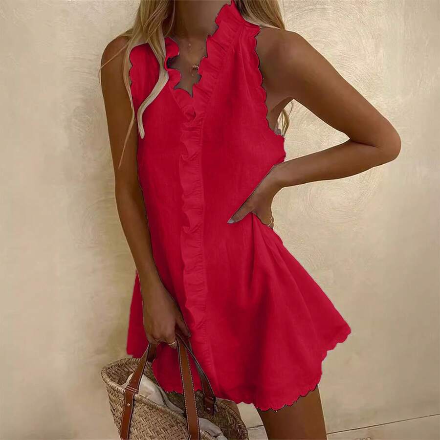 2026 Summer Sleeveless V Neck Ruffle Trim Mini Dress, Scalloped Hem Loose Linen Short Dress, Casual Beach Cover Up For Vacation & Daily Outfit - Red - View 1