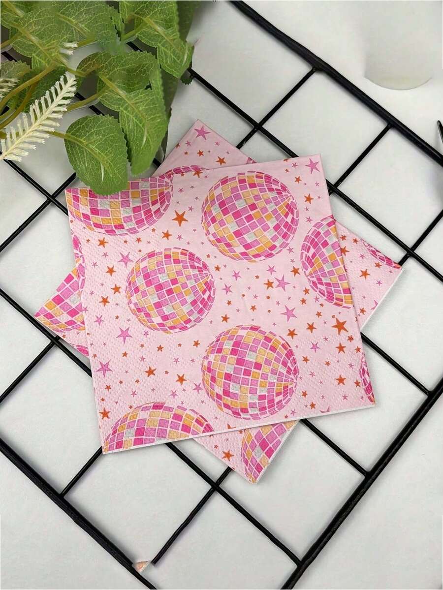 1pc/20pcs/40pcs/60pcs/Set, Pink Disco Party Napkins, Printed With Colorful Spheres And Stars Pattern - 2-Ply Durable Paper, Suitable For Birthdays, Weddings, Seasonal Celebrations - Decorative And Versatile Table Setting Essential, Birthday Party Supplies, Wedding Decor - Multicolor - View 1