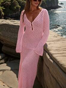 Crochet V-Neck Backless Fitted Dress, Vacation Beach Wear, Elegant Sexy Minimalist Solid Color Casual Knit Cover-Up Maxi Dress Summer - Rose Pink - View 8
