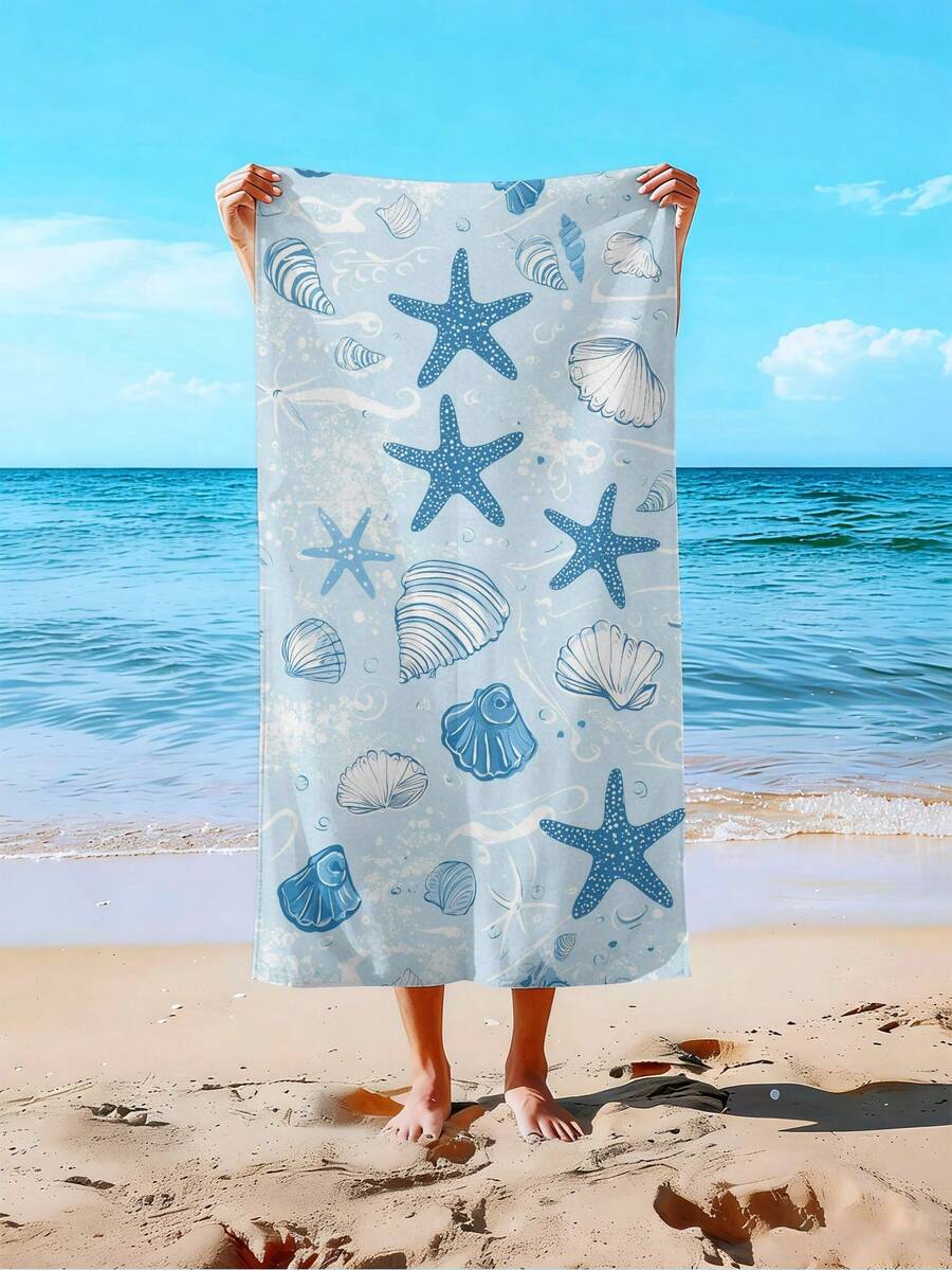 1PC Bohemian Style Light Blue Starfish Conch Seashell Pattern Large Microfiber Beach Towel, Quick Dry Soft Skin-Friendly Wear-Resistant Beach Towels For Swimming Outdoor Beach Vacation Travel Supplies, Father's Day Gift