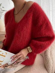 Suéter de mujer de punto de terciopelo fino de unicolor con cuello en V, rojo de otoño/invierno - Rojo - Ver 3