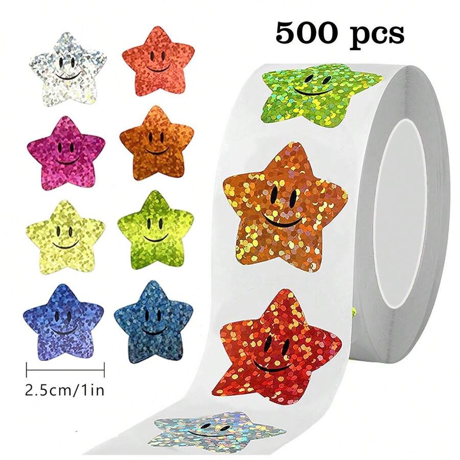 500 Lembar/Gulungan Stiker Ekspresi Bintang Foil Aluminium Mengkilap, 8 Warna, Cocok untuk Siswa, Perencana, dan Guru untuk Digunakan di Sekolah dan Kelas, Dapat Digunakan untuk Bagan Penghargaan, Dekorasi DIY, dan Stiker Perekat Diri - 500 patch/gulungan - View 1