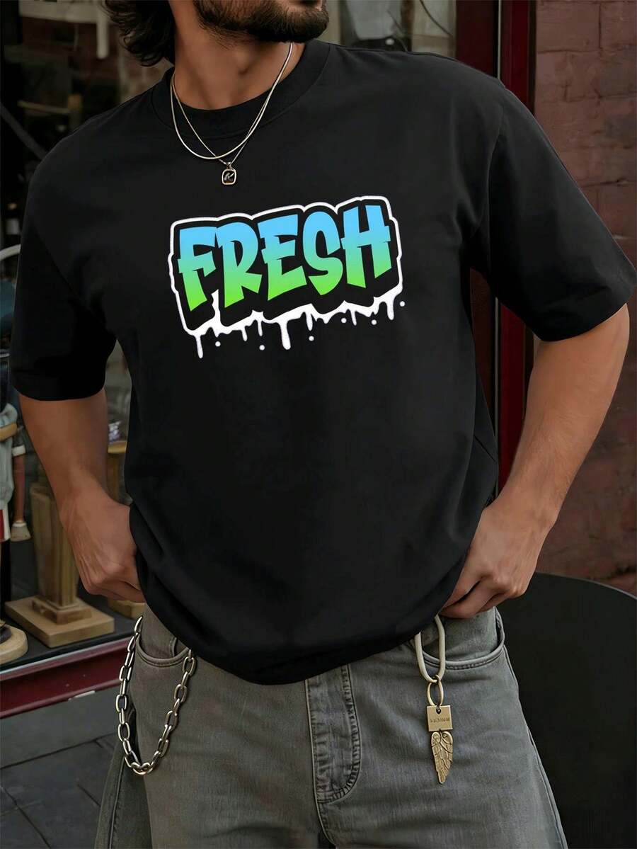 Grafik-T-Shirt für Herren im Streetwear-Stil, 100 % Baumwolle, Kunstdruck, Hip-Hop-Streetstyle, atmungsaktiv. - Schwarz - Übersicht 1