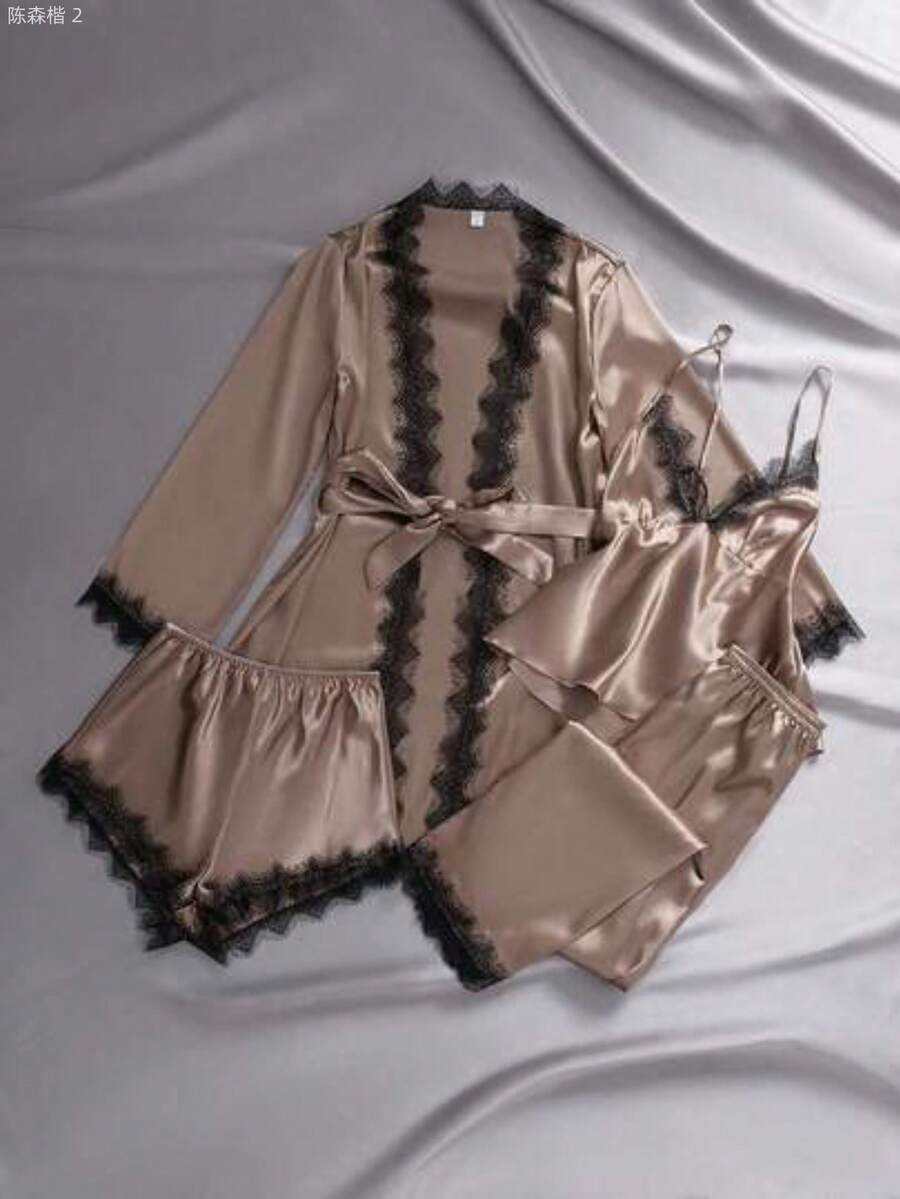 xuehuamaoyi02 EmpressEnvy 4 piezas Conjunto de pijama de mujer con top de camiseta de encaje sexy, shorts con ribete de encaje, pantalones, bata eleg - Marrón - Ver 1