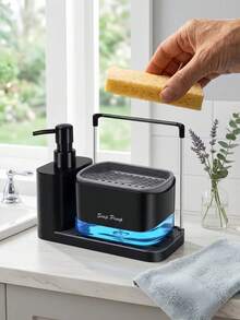 Dispensador de jabón de cocina, juego de dispensador de jabón para platos, dispensador de jabón para manos, con bandeja, dispensador de jabón doble, soporte para esponja y escurridor de platos, jabonera, estante de almacenamiento 5 en 1, para almacenamiento en la encimera del fregadero de la cocina -Artículos prácticos de cocina- (Toallas no incluidas) - Multicolor - Ver 3