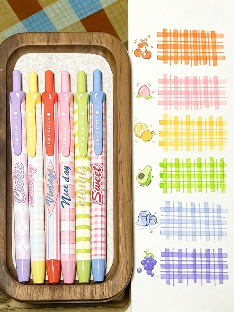 6-Color Set Eye Protection Fluorescent Pen, Curved Soft Pen Tip Marking Pen, Marker Pen, Hand Account Pen, Soft Color Non Smudging Marking Key Pen, Student Specific Note Taking Key Marking Pen, Hand Account Marking Pen, Back To School Season. - Sets - View 1