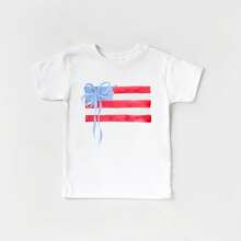 White T-Shirt For Toddlers With Patriotic 4th Of July Print, Casual, Short Sleeve, , Kindergarten Graduation, 4th Of July Girls, Children's Items, Clothing - 玫紅色 - 查看 1
