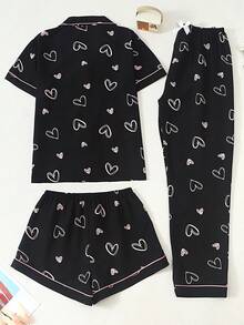 Heart Print Short Sleeve Top, Shorts, Long Pants 3 PiecesWomen's Pajama Set - Black - View 6