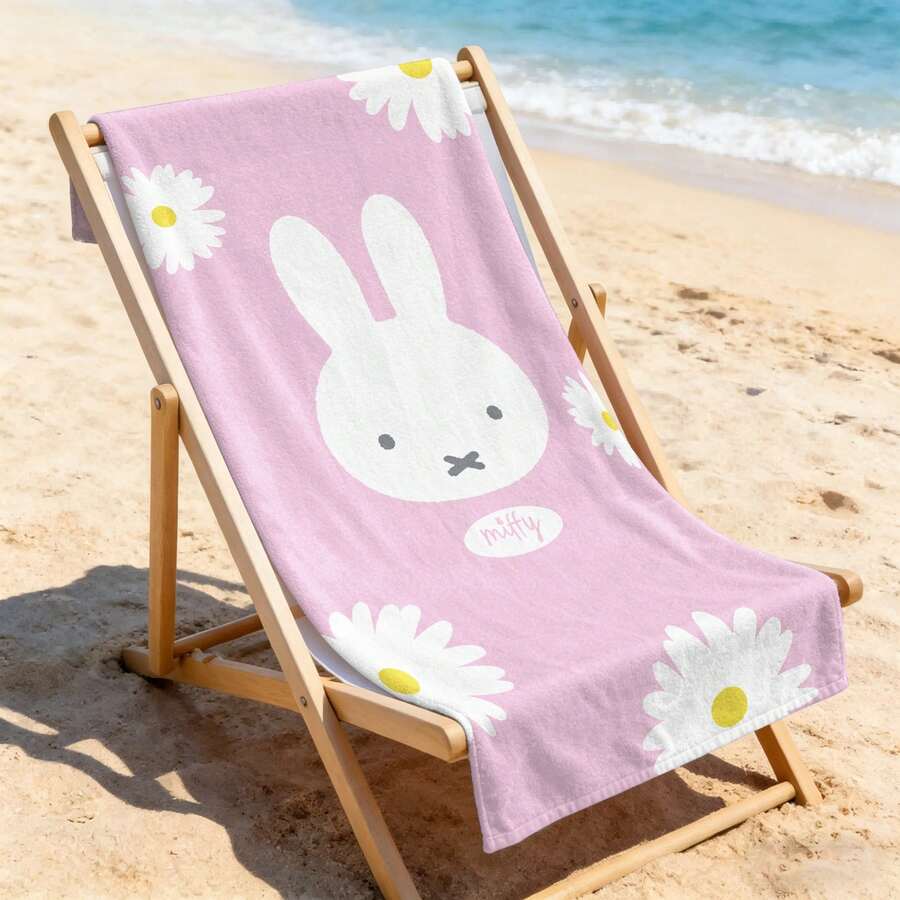 Miffy Big Head White Daisy Pink Base Microfiber Beach Towel, Quick Dry Absorbent Bath Towel For Swimming Pool Camping Daily Shower - A - View 1