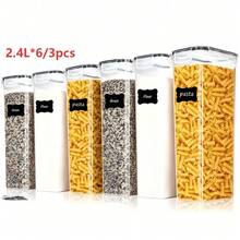 THELIFE 3/6件組密封義大利麵儲存罐套裝附蓋，2.4L大容量塑膠食品容器收納盒附標籤貼，適用於廚房櫥櫃收納麵粉、糖、義大利麵及乾貨 - 黑與白 - 查看 1
