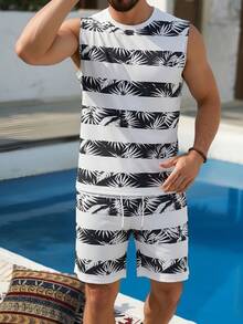 Men's Coconut Tree Print Sleeveless Tank Top And Shorts Set - Multicolor - View 4