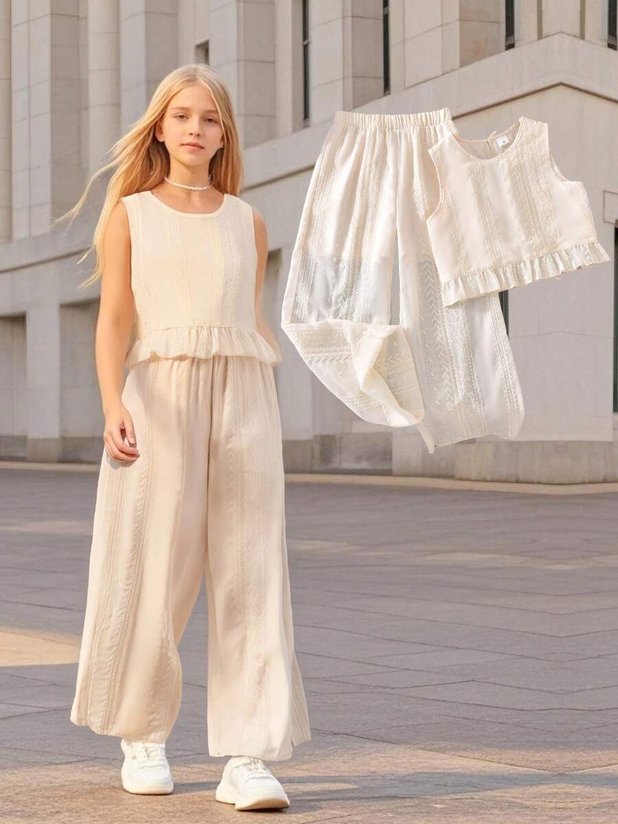 Vihyde Tween Girls Hollow Embroidery Bow Decor Lace Tank Top & Semi-Sheer Lace Long Pants 2pcs Set - Beige - View 1