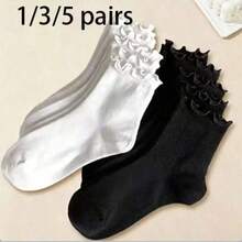 1/3/5 Pairs Women Cute Ruffle Trim Ankle Socks, Black & White Color, Polyester & Spandex Blend, Machine Washable - Multicolor - View 1