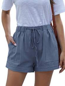 Women's Casual Shorts With Adjustable Drawstring, Elastic Waistband, Solid Color, Lightweight, For Summer Beach, With Pockets - 中藍色 - 查看 2