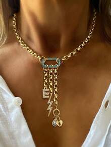 1pc Gold Letter Necklace, Luxury Oval Buckle With Lightning Pattern And White Diamond Pendant Necklace, Exquisite Holiday Party Gift For Women - Yellow Gold - View 9