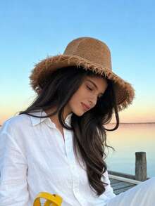 1 buah Topi Matahari Jerami Wanita, Topi Pantai Bertepi Lebar untuk Musim Semi/Panas, Perlindungan Matahari untuk Perjalanan, Liburan, Pantai, Gaya Bohemian - Warna kopi - View 4