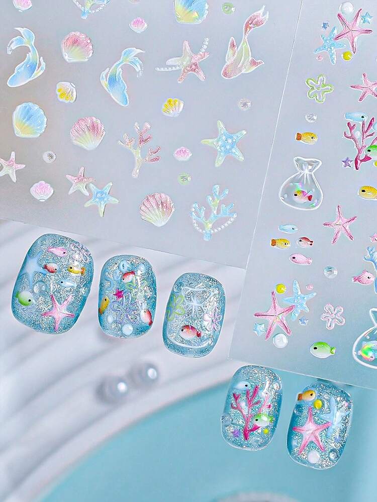 3/6 feuilles d'autocollants pour ongles 5D océan, sirène, méduse, étoile de mer, coquillage, autocollants adhésifs pour ongles d'été et de plage, art des ongles DIY - Multicolore - Voir 7