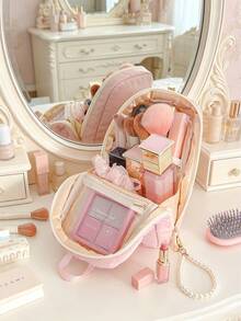 Vertical Makeup Bag Bow&Grid Pattern Makeup Handbag Multi-Compartment Cosmetics Bags Zipper Make Up Bag Travel Toiletry Bag With Handle Brushes Holder - Multicolor - View 6