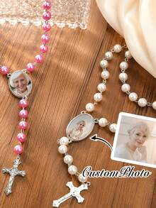 Personalized Beaded Cross Necklace For Women With Custom Photo Inlay, Mother's Day Gift, Family Jewelry - Multicolor - View 1