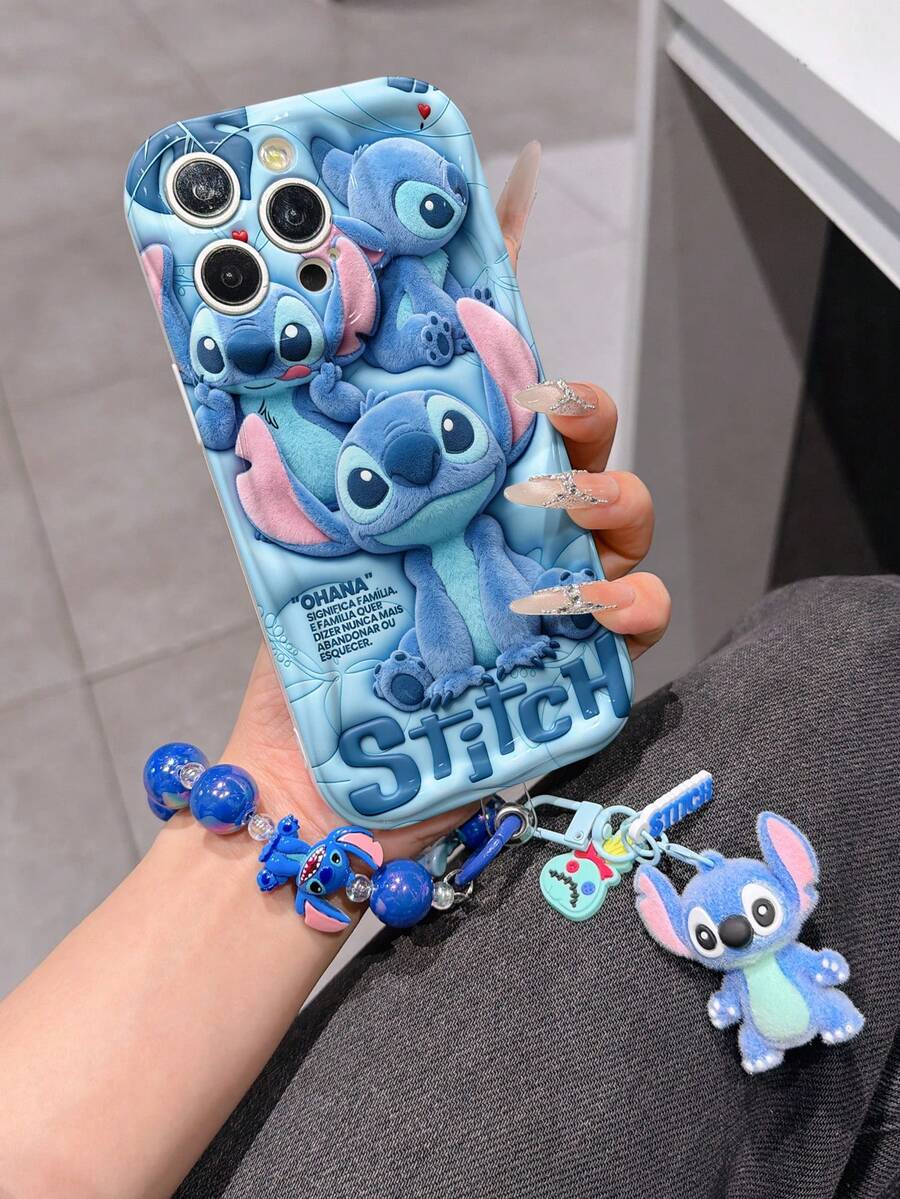 Disney Has Authorized, Phone Case - Chain Set, The Stitch Lilo & Stitch 3D Phone Case Plus A Silicone 3D Stitch Bracelet With Metallic Ring Removable Bracelet, Stitch And Angel Pattern, Compatible With Iphone17/16/15/14/13/12/11/XS/XR/X Plus Pro Max, A Stylish Cartoon Phone Case, The Perfect Gift Choice, Phone Protection, Durable Phone Cover, Great Gift For Friends And Family. - 白色 - 查看 1