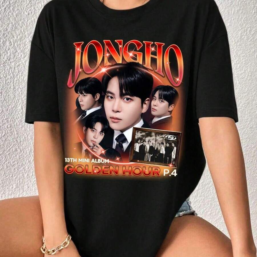 Ateez Jongho Tshirt, Ateez Golden Hour Part 4 Tee, Ateez Shirt, Ateez Adrenaline Merch, Men's Playeras De Niño,Playera De Niño - Negro - Ver 1