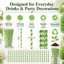 Paquete de pajitas de papel a rayas de color verde claro y blanco, biodegradables desechables para batidos, limonadas, caf helado, cumpleaos, Ao Nuevo y decoraciones de - Verde oscuro - Ver 4