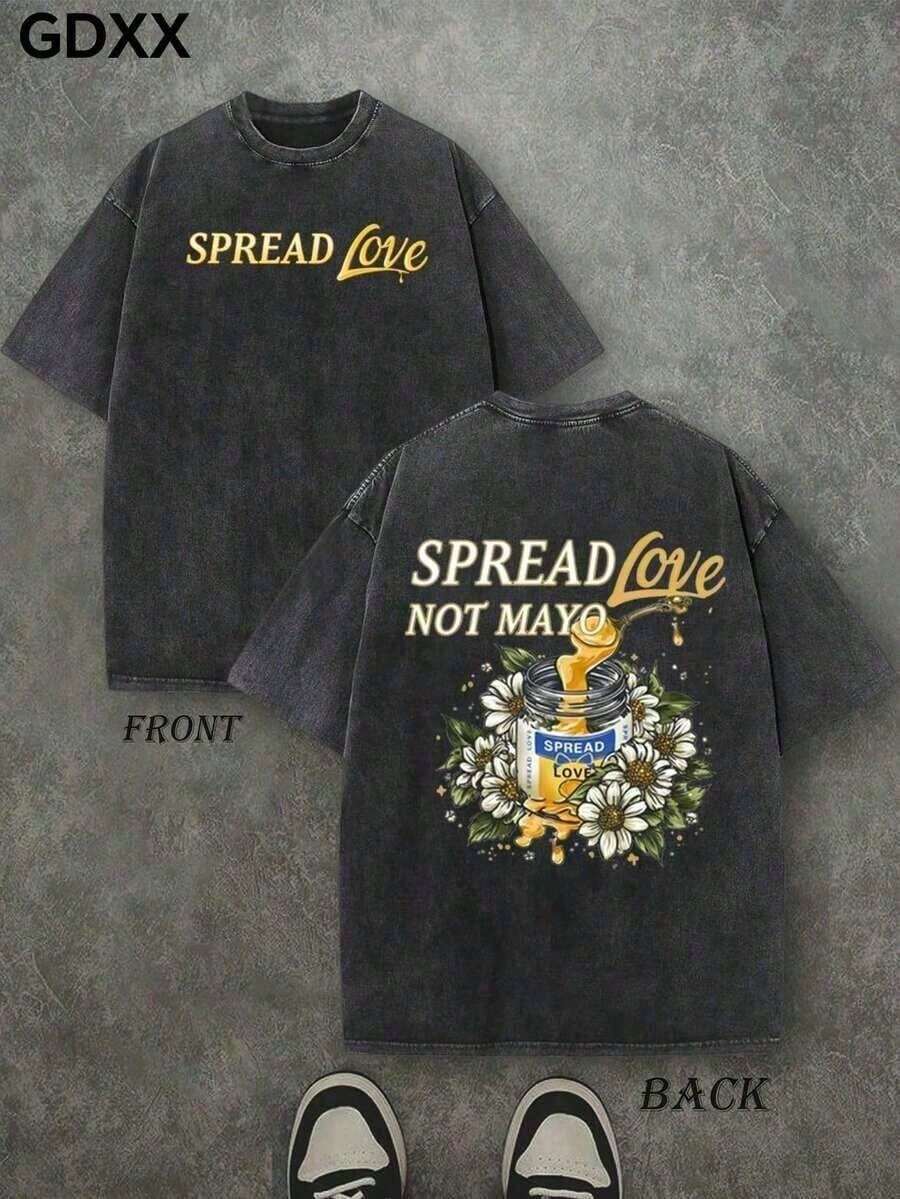 Ropa de hombre; Camisetas de Verano para Hombre, Camiseta con Estampado de Tarro de Miel + Margarita - Impresa con "SPREAD Love", Camisetas con Slogan Divertido, Camiseta de Estilo Relajado, - Blanco - Ver 1