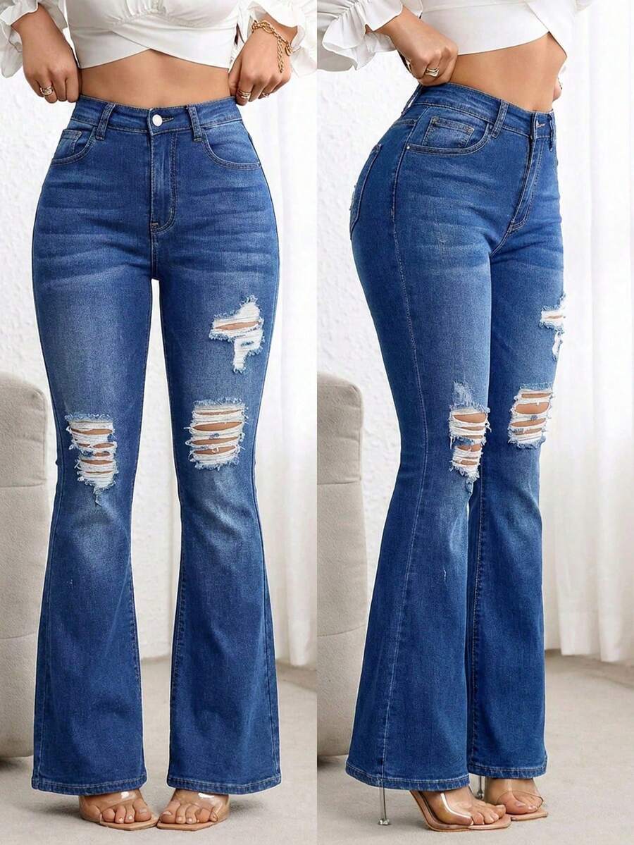 Pantalones vaqueros casuales de color liso, adecuados para el verano, pantalones vaqueros acampanados negros, pantalones vaqueros negros para mujer, pantalones vaqueros acampanados de - Azul 4 - Ver 1