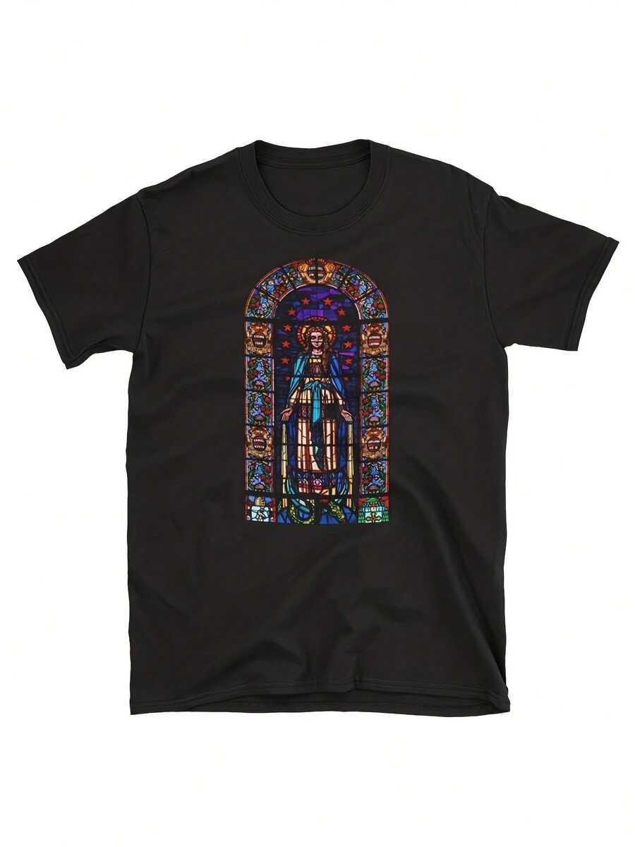 edral de y Santos, Camiseta Casual de 200g para Uso Diario y Ocasiones Especiales, Camiseta Gótica, Ropa para Ocasiones, Estampado Artístico, Material Duradero, Camiseta Estampada - Negro - Ver 1