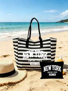 "New York"圖案帆布包組，大容量黑白條紋海灘托特包，可折疊帆布肩背包，防水防沙旅行包，適合夏季必需品，完美適用於海灘旅行、游泳、購物和日常使用，適合女性、旅行者和海灘愛好者，完美適用於春假、復活節、度假和送禮，耐用編織材質，可用作海灘包、購物袋和旅行伴侶，返校季節 - 彩色 - 查看 6