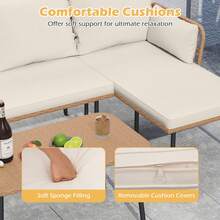 COSTWAY 3-Piece L-Shaped Outdoor Patio Sofa Set, Boho Rattan Outdoor Conversation Set W/Cushions, Coffee Table & Removable Covers, Sectional Lounge Set For Porch, Balcony & Backyard, Brown/White - White - View 3