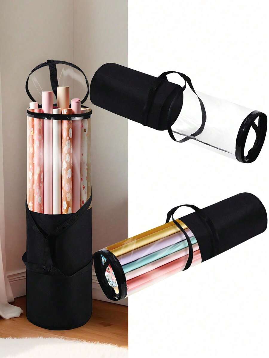 1pc Transparent Gift Packaging Storage Bag, PVC Packaging Paper Storage Bag With Handle, Easy To Carry Tubular Container, Transparent Christmas New Year Gift Packaging Organizer Bag - Semi-black Transparent - View 1