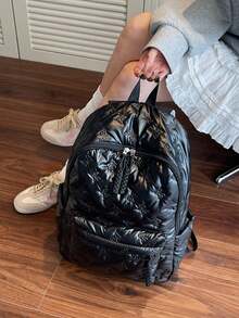 This Student Backpack Features A Classic Collegiate Design In Black With A Bow Pattern. It Is A Large-Capacity Backpack With Multiple Pockets, Suitable For Students, Commuters, And Young People. This Backpack Can Be Used For Travel And Vacations, And Is Also An Ideal Choice For Campus Life. - Black - View 3