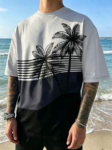 Herren Urlaubs-Lässig Farbblock T-Shirt mit Kokosnussbaum Muster, Kurzarm - Verschiedenfarbig - Übersicht 2
