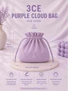 3CE Purple Cloud Bag, Vertical Ribbed Soft Fabric, Drawstring Closure Design, Large Capacity, Portable And Fits In Large Bags, Daily Storage - Purple - View 4