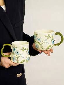 1 peça Chávena de café de cerâmica com flor azul e folha verde, chávena de cerâmica assimétrica de estilo europeu, chávena de café, caneca, chávena de café latte, design fresco, chávena de leite para pequeno-almoço em casa, chávena de sumo, chávena para bebidas frias, chávena de chá com leite, chávena de presente, utensílios para beber - Multicolorido - Ver 11