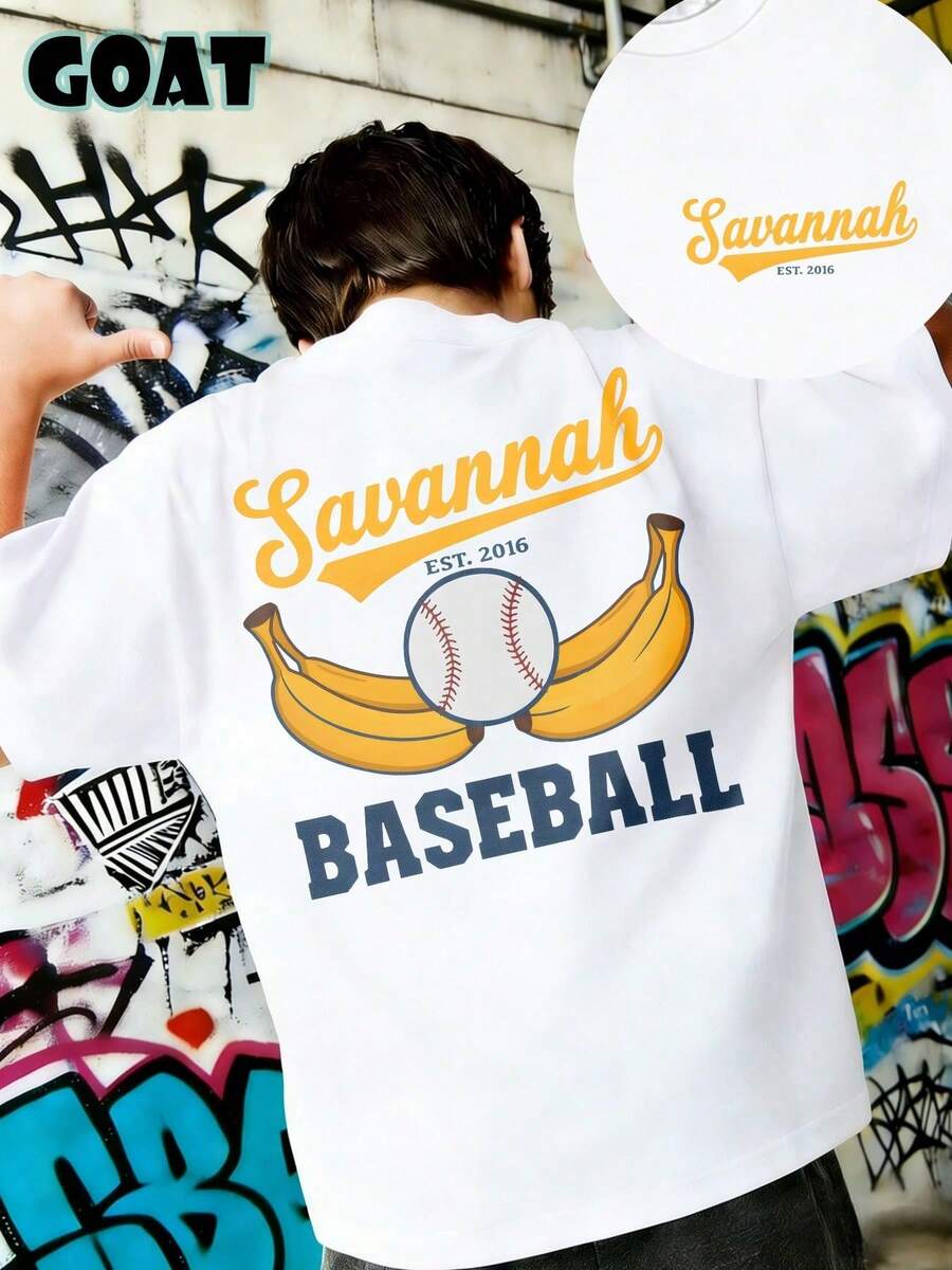 Savannah Baseball T-Shirts For Boys And Youth With Banana Ball Logo, Casual Short Sleeve Design, Sporty Style, Modern Graffiti, 180 Grams, 100% Cotton - 白色 - 查看 1