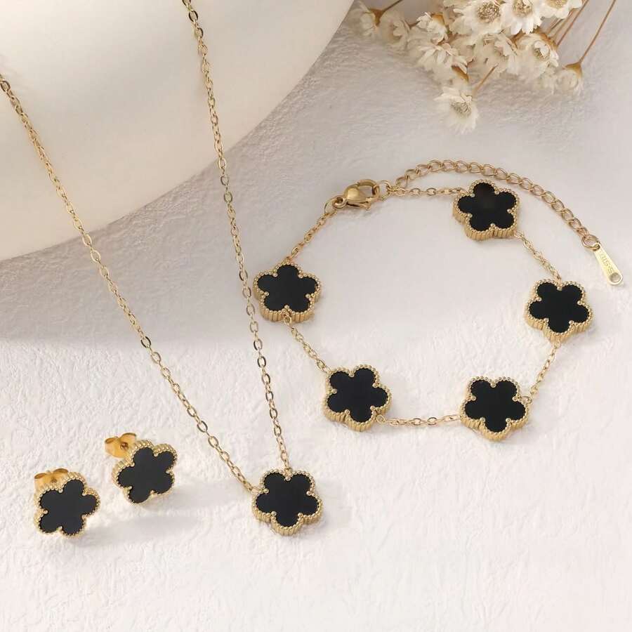 3pcs/Set 18K Gold Plated Stainless Steel Five-Petal Flower Pendant Necklace, Bracelet And Earrings Set, Fashionable Versatile Accessory, Perfect For Women, Best Gift Choice, Women's Necklace, Jewelry, Gold Jewelry - Multicolor 2 - View 1