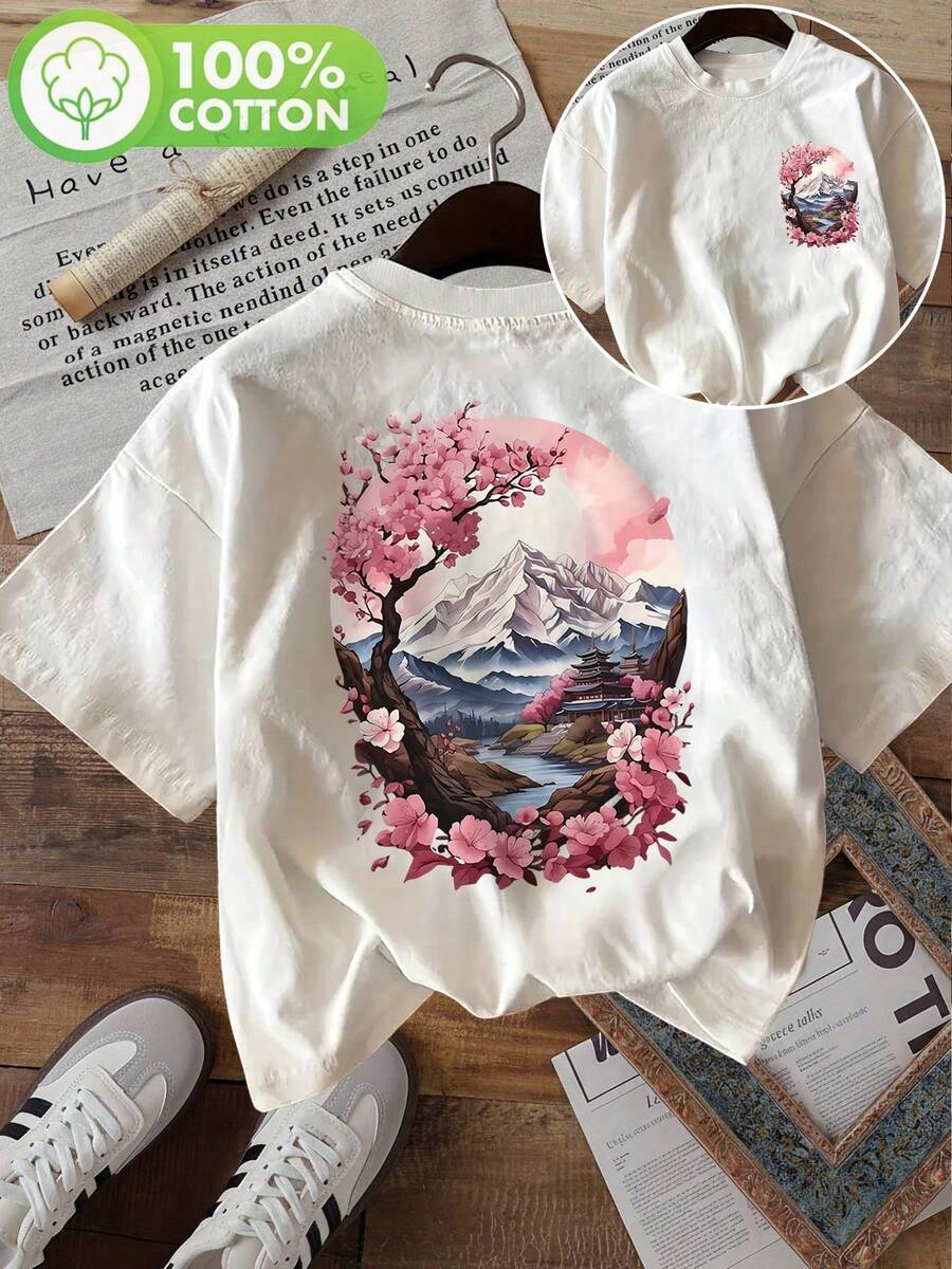 algodón puroTop casual de verano para mujer con estampado de doble cara de flores de cerezo estilo acuarela, montañas de nieve, templos antiguos y ríos, camiseta de manga corta pura con cuel - [Blanco] - Ver 1